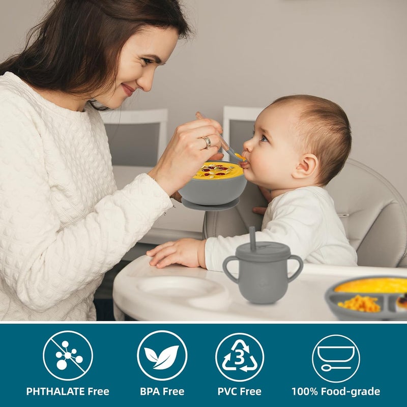 Dormlony 100% Silicone baby feeding set,BPA free Baby dishes set with Suction Bowl Divided Plate,Toddler Self Feeding Dish Set with Spoons Forks Sippy Cup And Bib, Baby Eating Utensils (Light Brown) - Image 5